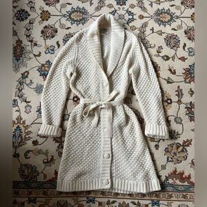 L.L. Bean Cream Shawl Collar Belted Knit Cardigan
